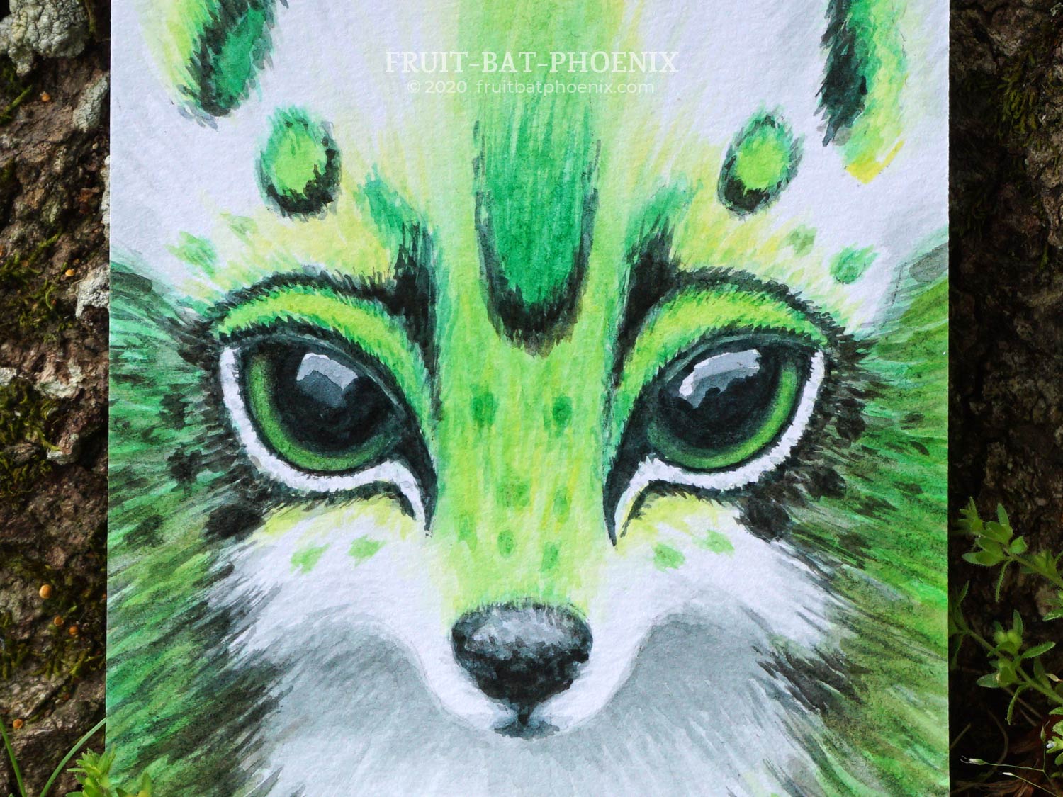 closeup of painting of green fantasy fox