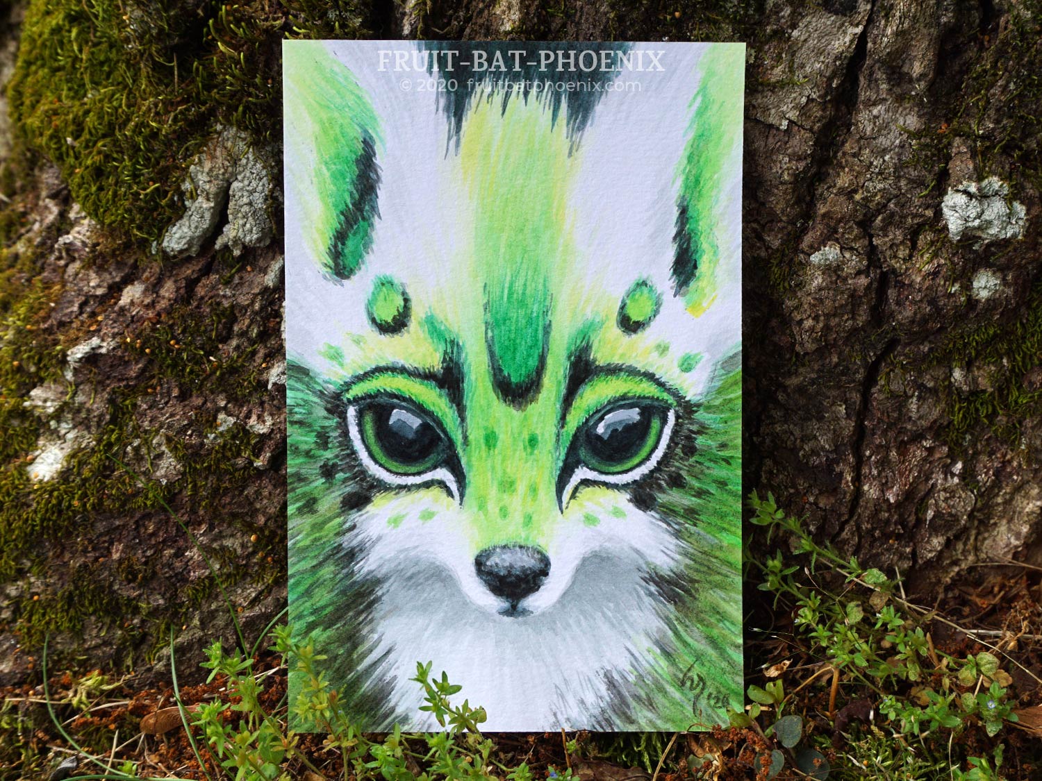 green fantasy fox painted in watercolor