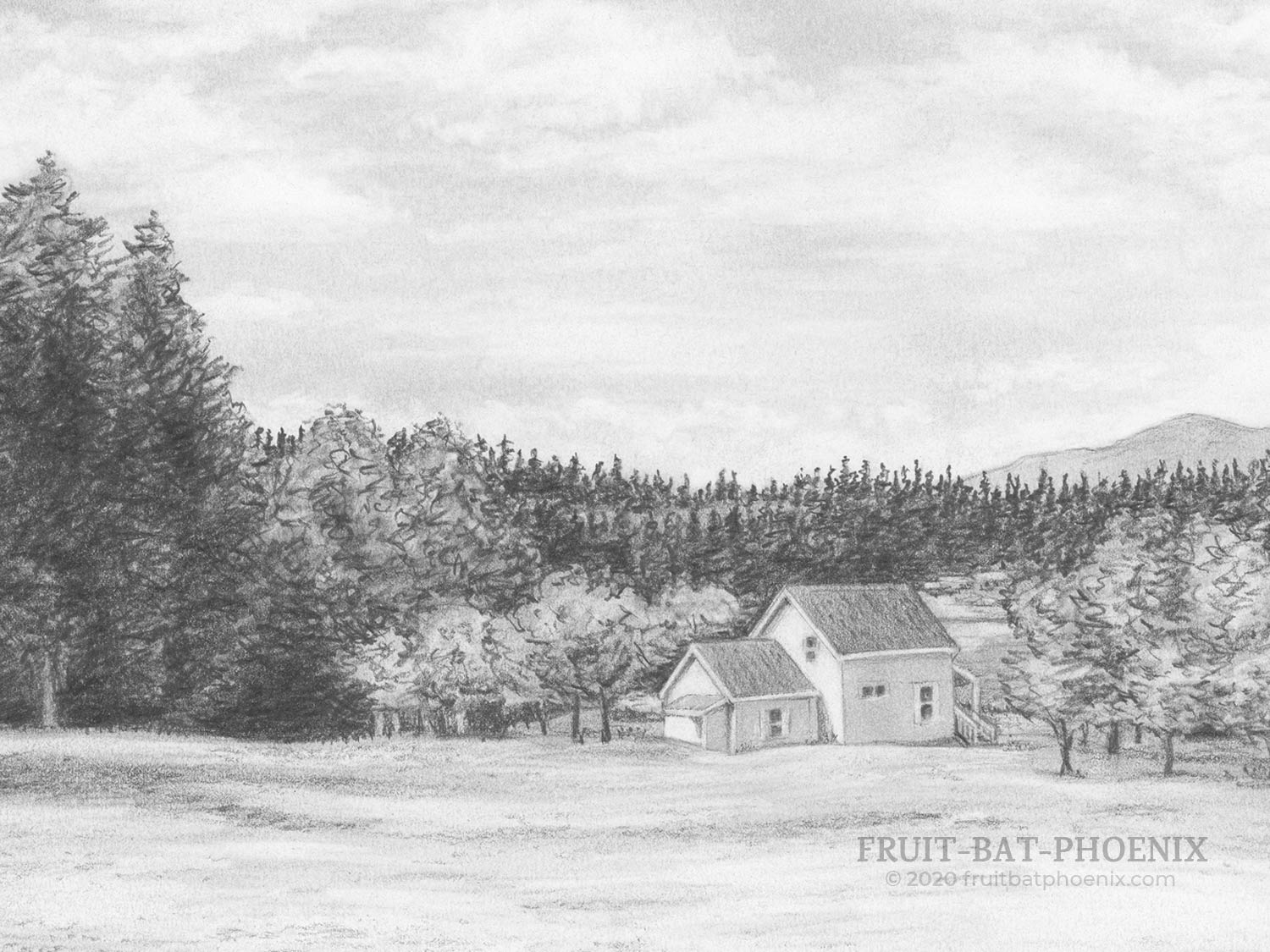 Detail of graphite drawing of the view from the Seabeck Conference Center's Meeting House