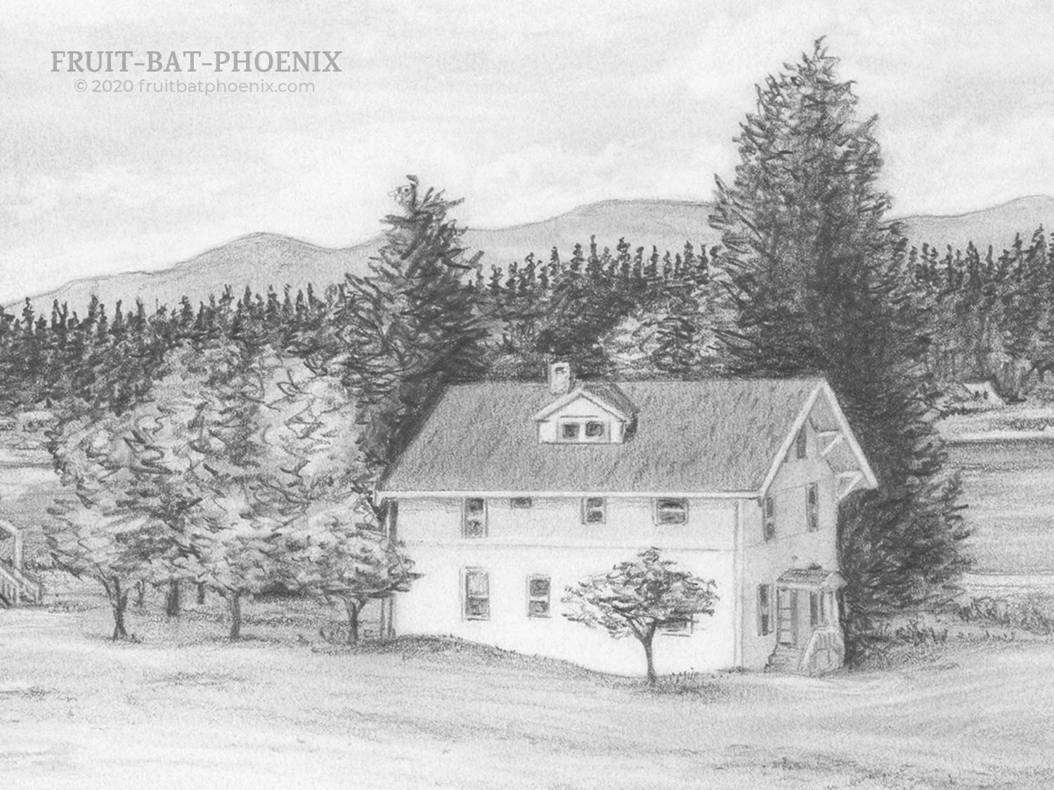 Detail of pencil drawing of the view from the Seabeck Conference Center's Meeting House
