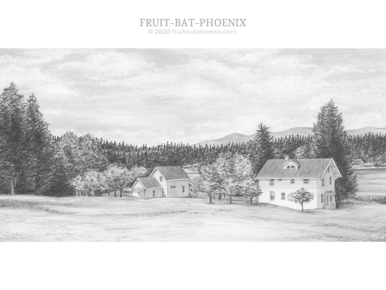 Pencil drawing of the view from the Seabeck Conference Center's Meeting House