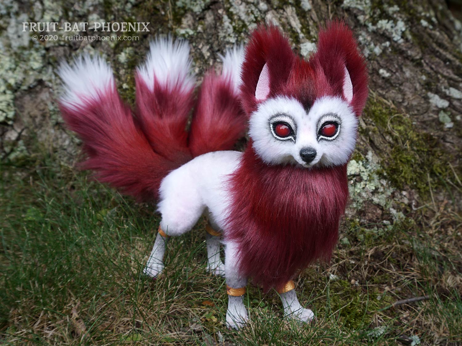 Burgundy and white kitsune posable art doll with three tails