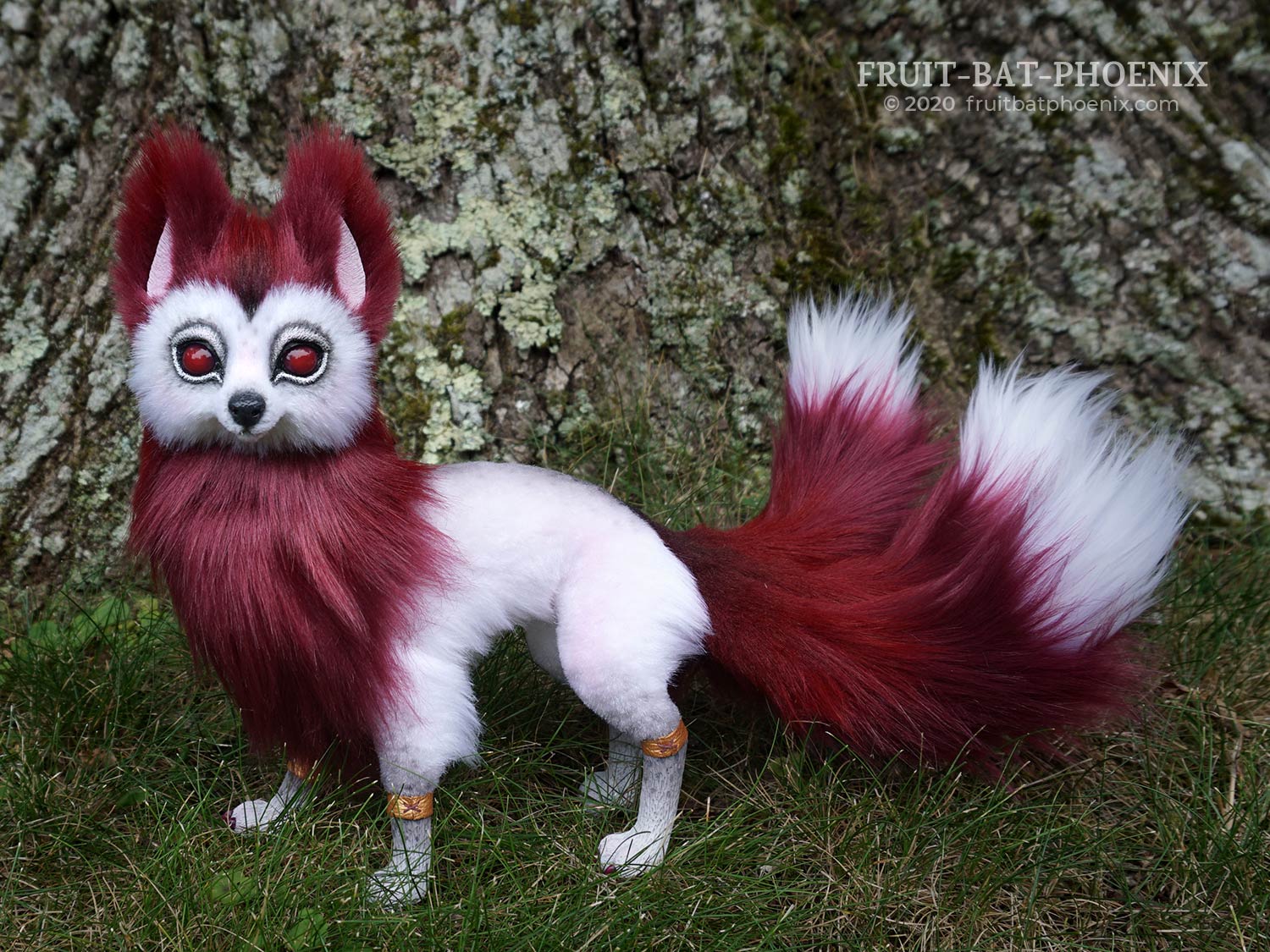 Burgundy and white kitsune posable art doll with three tails