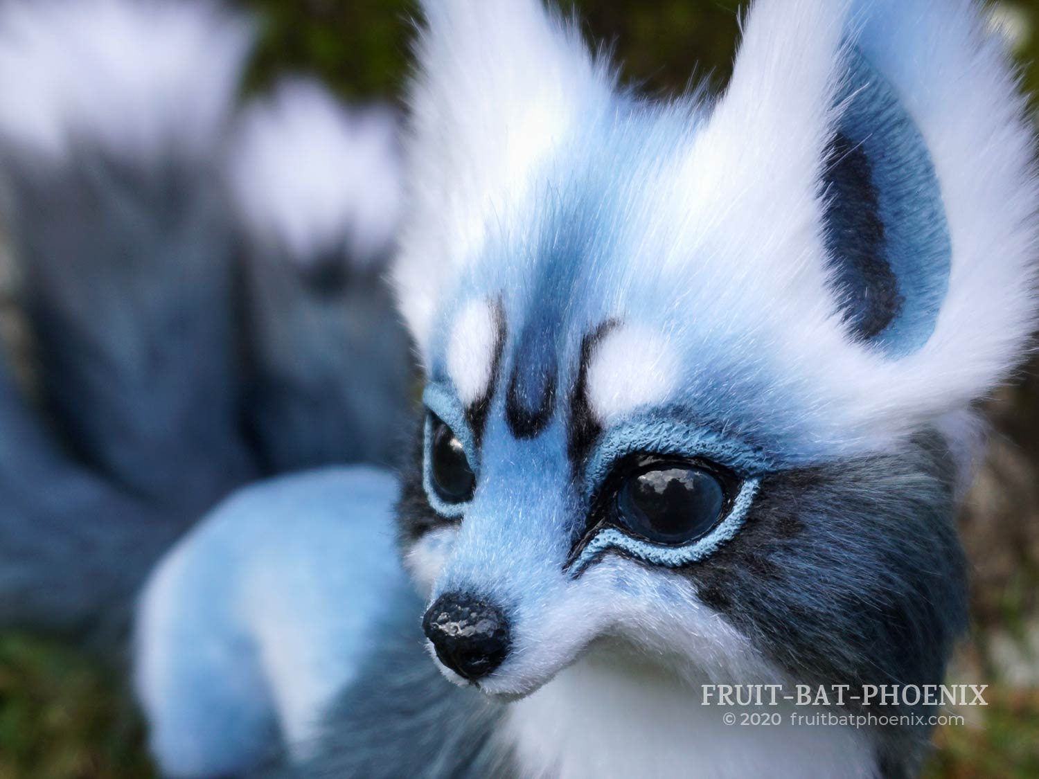Closeup of a blue fox posable art doll